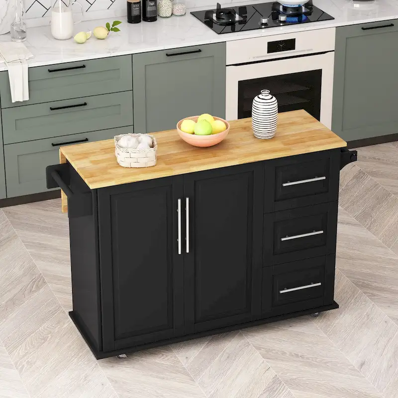 Kitchen Island Cart with 2 Door Cabinet and 3 Drawers