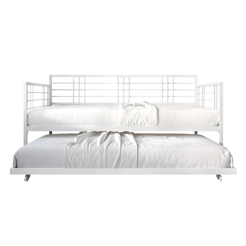 White/Brown/Black Metal Twin Daybed with Roll-Out Trundle, 1-Person