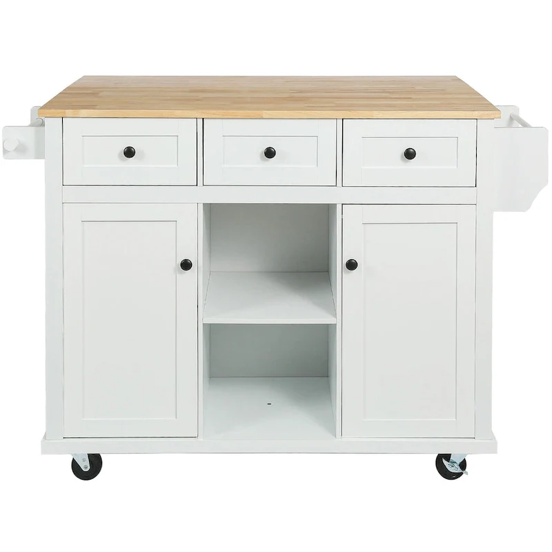 Kitchen Cart with Rubber wood Drop-Leaf Countertop