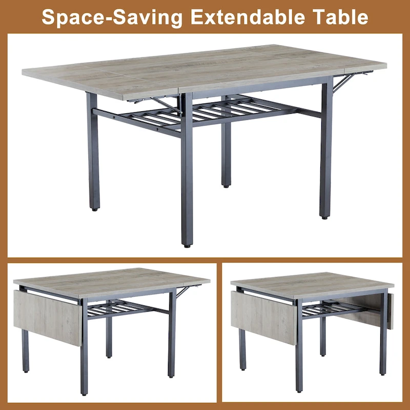 Modern Industrial 63.2  Extendable Dining Table w/Drop Leaf, Seats 6
