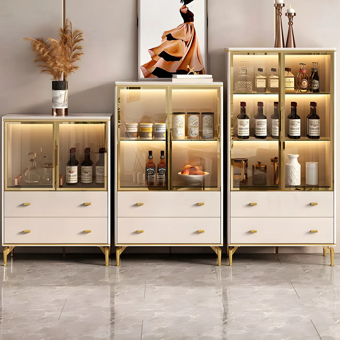 White Wood Gold Legs Adjustable Shelves Display Cabinet