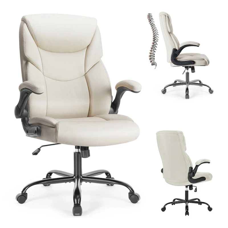Black/Brown/White High-Back PU Leather Office Chair with Flip-Up Armrests, Single