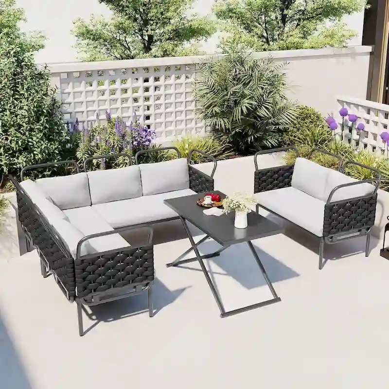 5-Piece Modern Patio Sectional Sofa Set Outdoor Woven Rope Furniture Set with Glass Table and Cushions