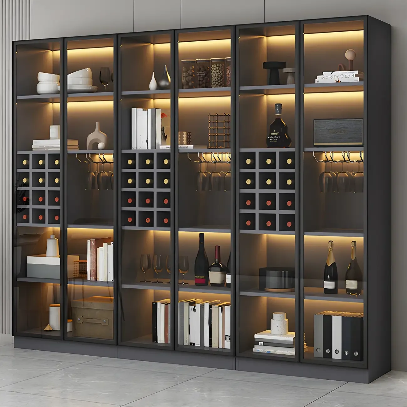 Lighting Modern Freestanding Black Wooden Wine Cabinet