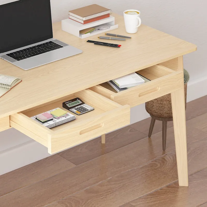 Beige Wooden Computer Desk with 2 Sliding Drawers – Modern Minimalist Style, Home Office Use