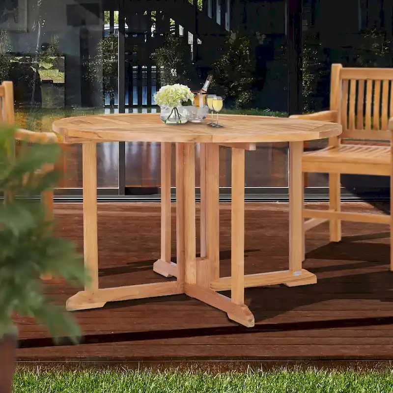 Chic Teak Butterfly Round Teak Wood Outdoor Patio Folding Dining Table, 47 Inch