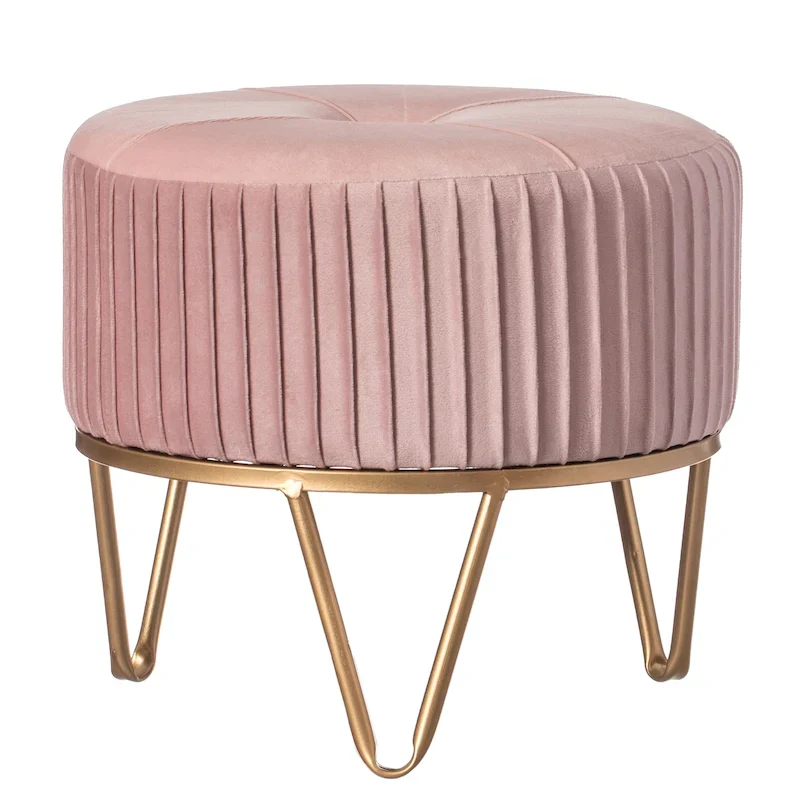 Round Velvet Ottoman Stool Raised with Hairpin Gold Base
