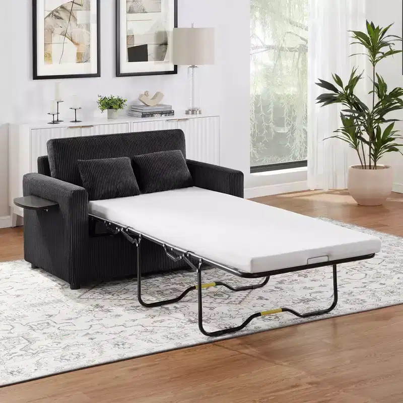 Gray Corduroy Convertible Sleeper Sofa, 1-Seat, with Foldable Table & USB Ports