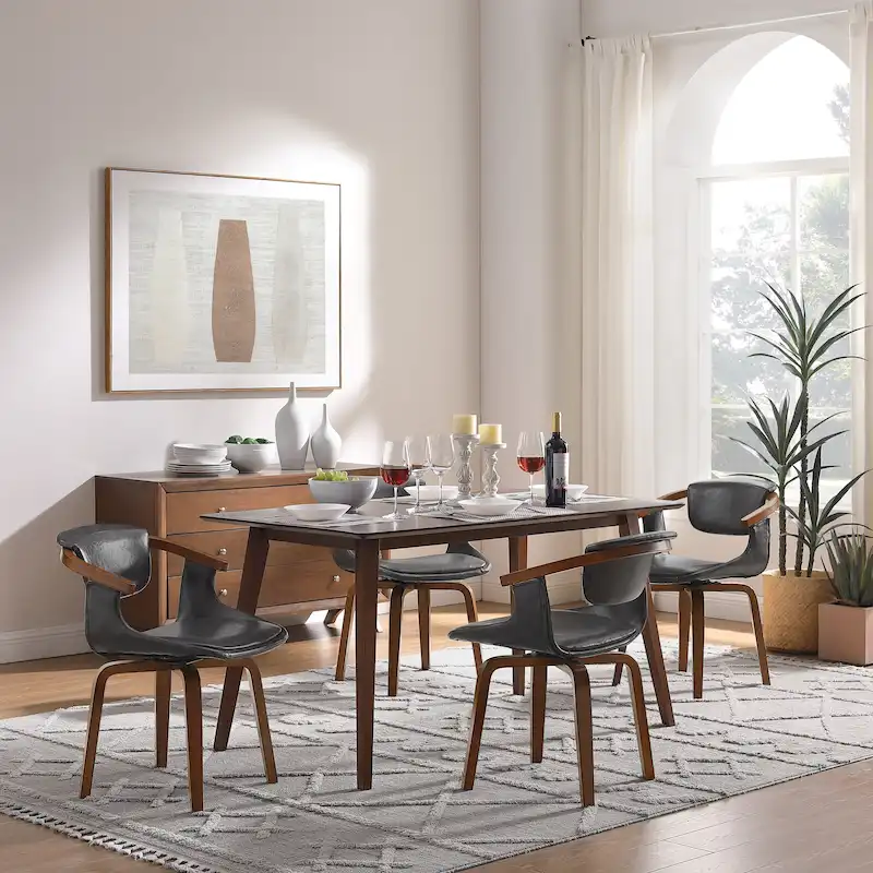 Mid-Century Modern Faux Leather Swivel Dining Chair with Wood Legs