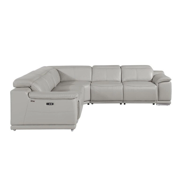 HomeRoots Light Gray Italian Leather Power Reclining U Shaped Five Piece Corner Sectional With Console - 110