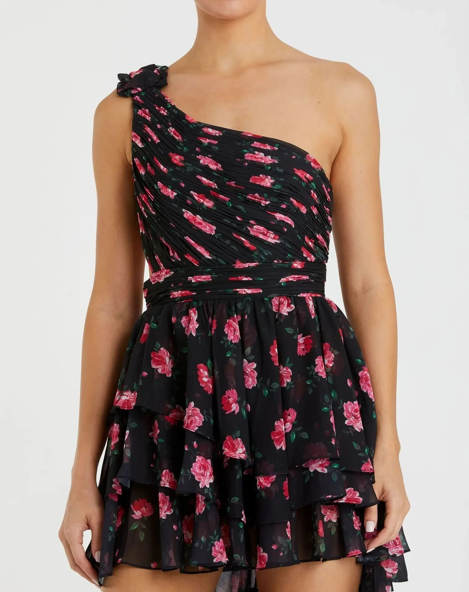 Black One Shoulder Ruffled Rose Print Layered High-Low Dress - FINAL SALE