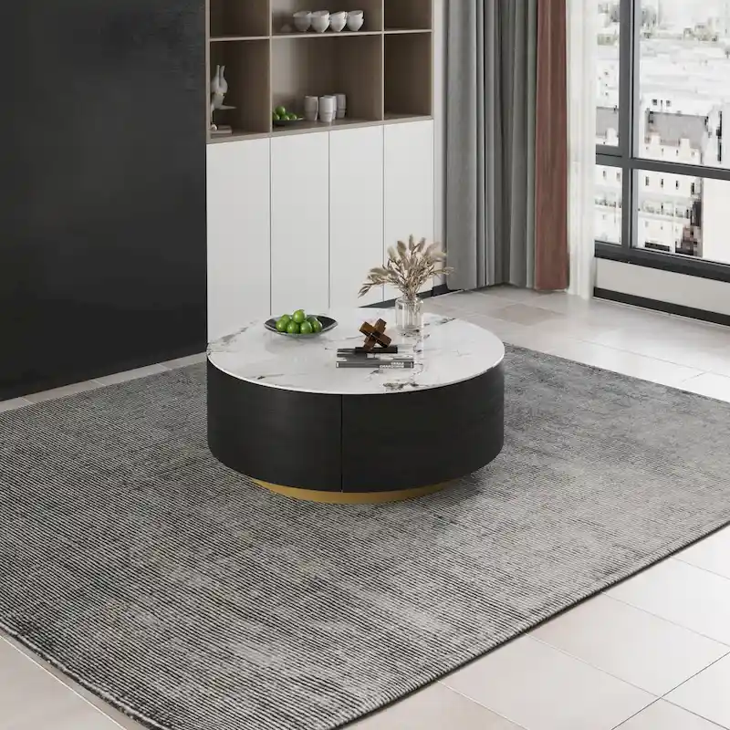 Modern Drum Coffee Table with Oak Veneer, Sintered Stone Coffee Table with 2 Solid Wood Drawers