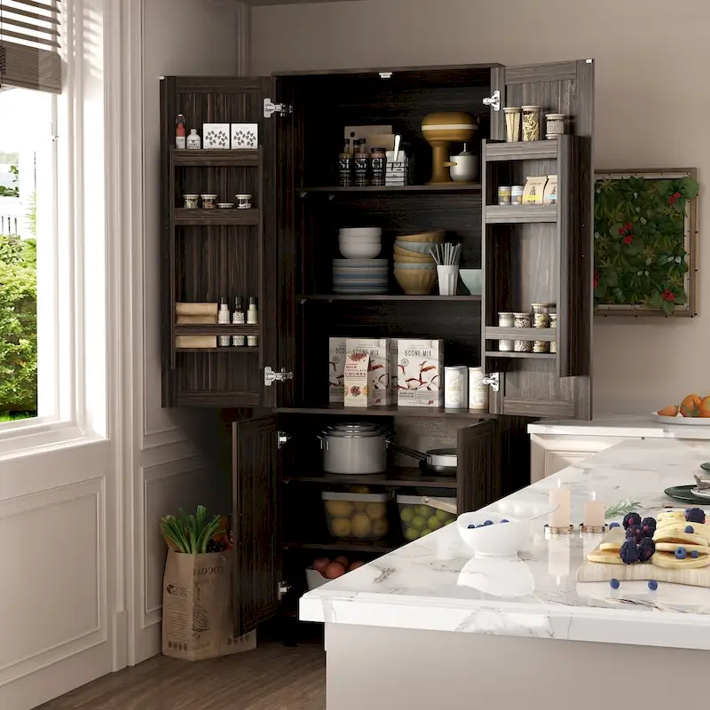 Space-Saving Storage Solution Pantry Cabinet w/Dark Wood Grain Kitchen - 31.5Wx23.6Dx78.7H