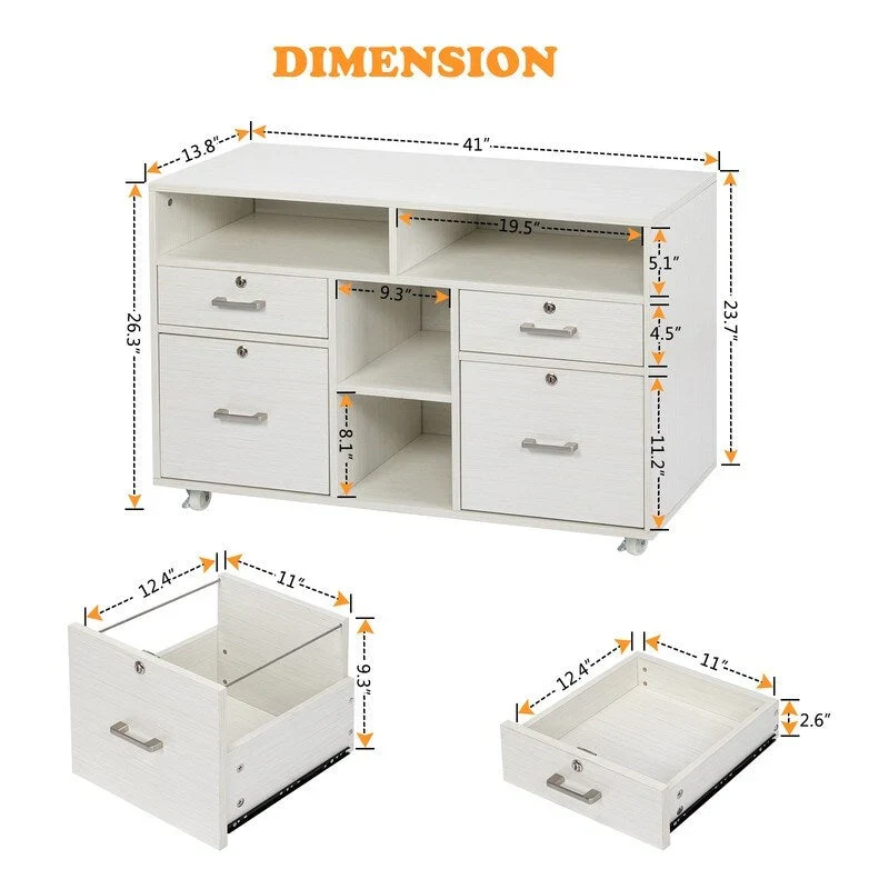 4-Drawer Mobile Wood File Cabinet with Shelves and Locking Wheels
