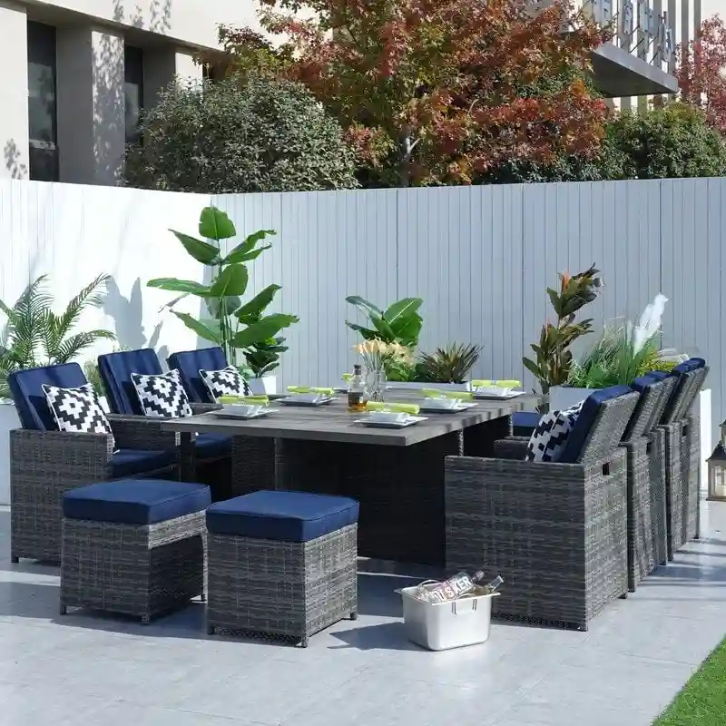 11-Piece Patio Wicker Aluminum Dining Table Set w/ Chairs and Ottomans
