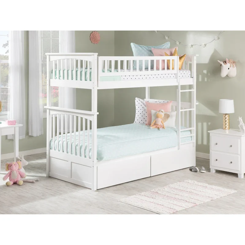 White Twin Over Twin Bunk Bed with Drawers & Charging Station, Sleeps 2