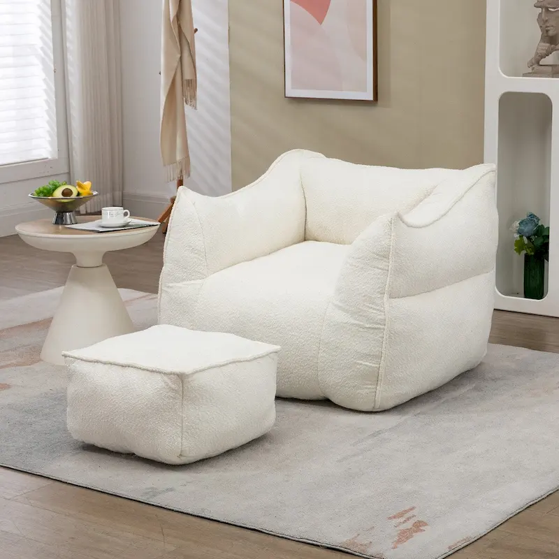 Boucle Upholstered Deep Seat Armless Square Bean Bag Chair with Ottoman