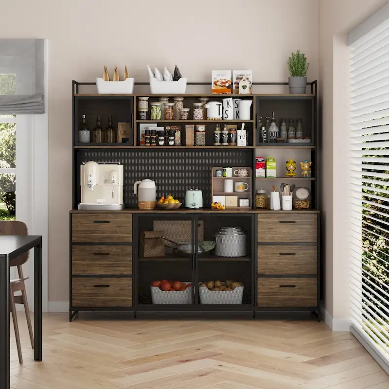 Large Kitchen Hutch Cabinet,Pantry with Metal Doors&6 Drawers&Shelves - 70.9W
