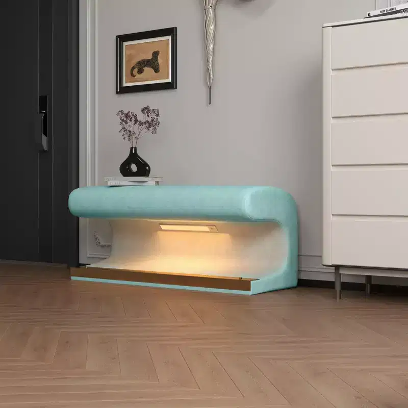 Okak Modern Leather Upholstered Ottoman Bench with Motion-Sensing LED Soft Footrest Stool for Living Room Entrance End of Bed