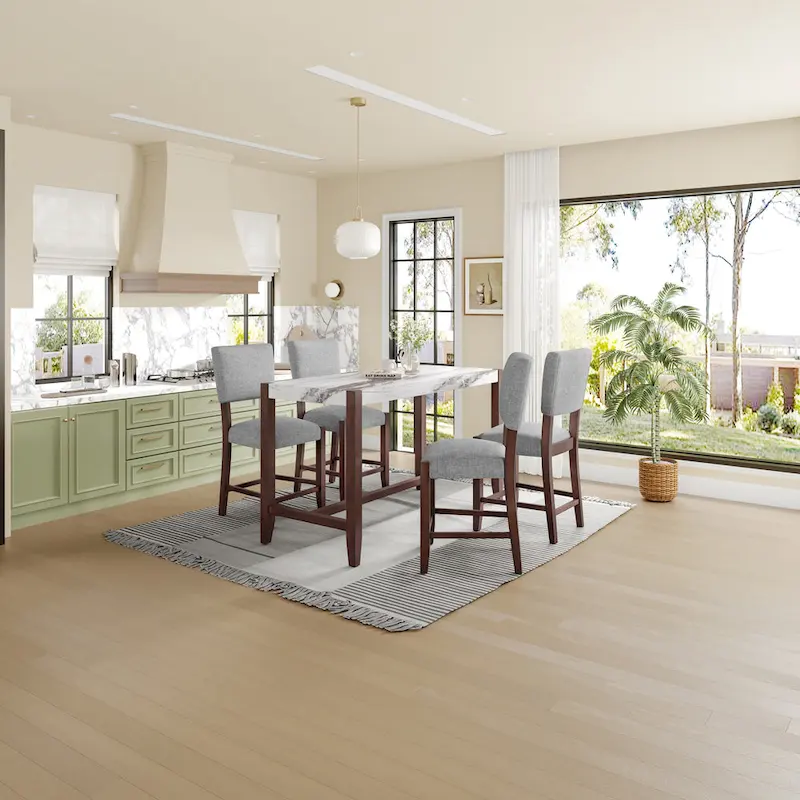 Mid Century Modern Bar Stools Set of 4,Counter Stools with Back,Linen Upholstered Barstools with Solid Wood Legs Bar Chairs