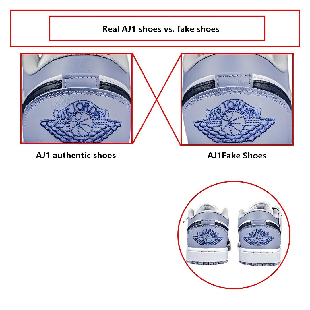 A comparison of the logos on the heel of genuine and fake AJ1 shoes.