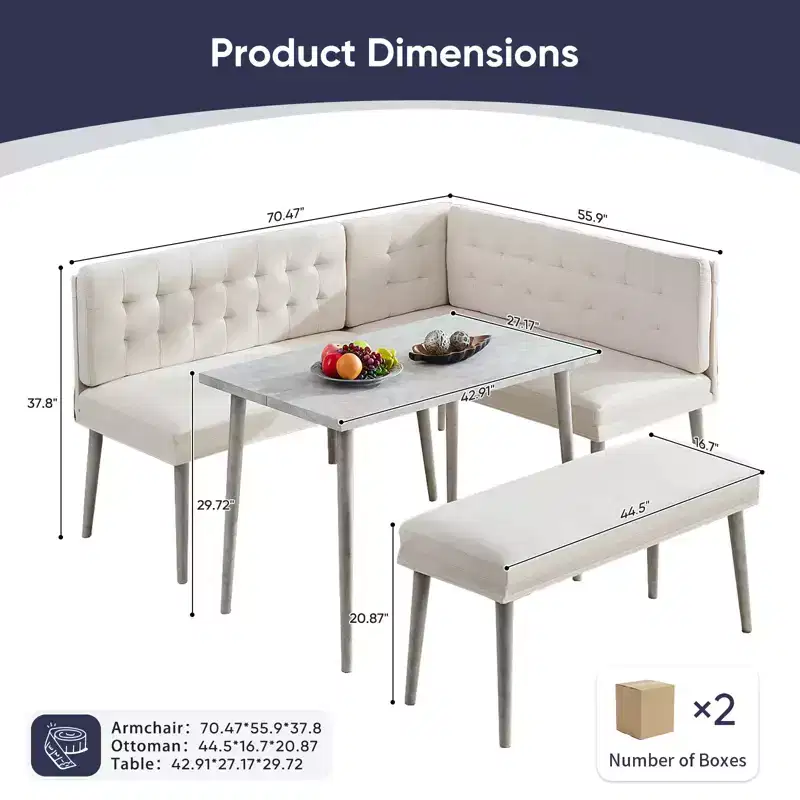 Mjkone 3 PCS Dining Table Set, Rectangular Table with Upholstered L-Shaped Sofa Chairs Set
