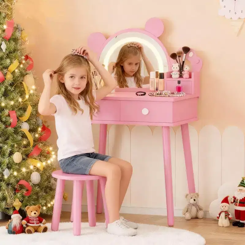 Kids Vanity Set with Lights,Bear-Shaped Make Up Vanity Desk with Mirror&Stool,Wooden Princess Toddler Make Up Table Set for Bedroom