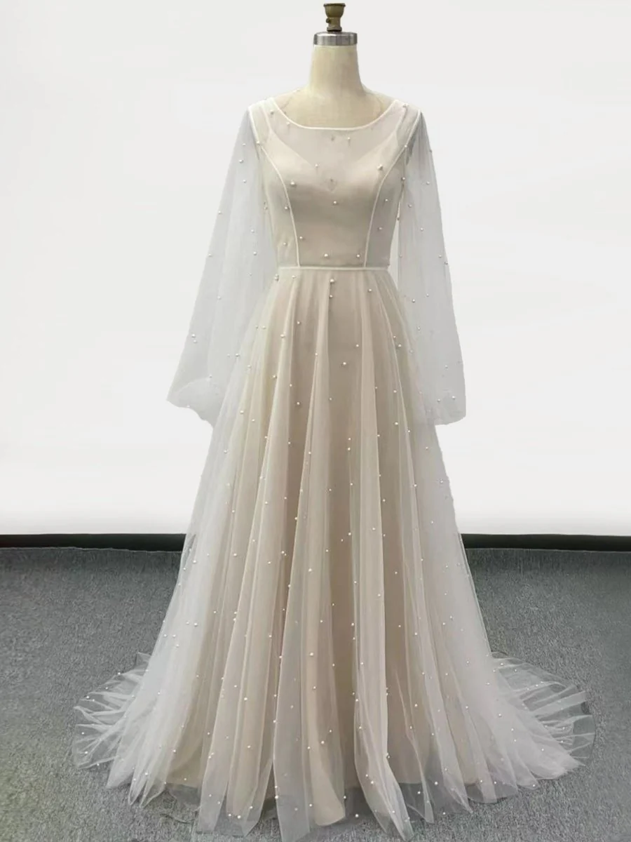 Simple Modest A-Line Long Sleeve Tulle Elopement Illusion Wedding Dress with Pearl