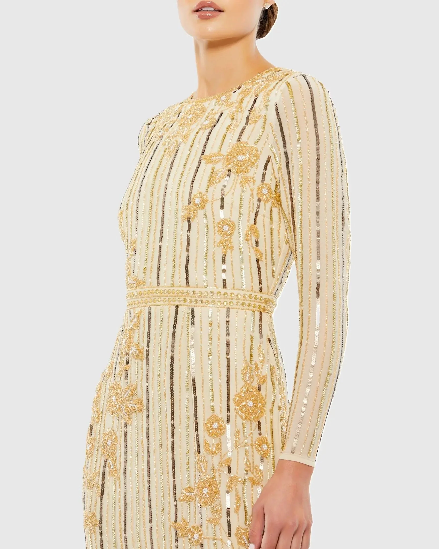 Gold Long Sleeve Embellished Tea Length Dress