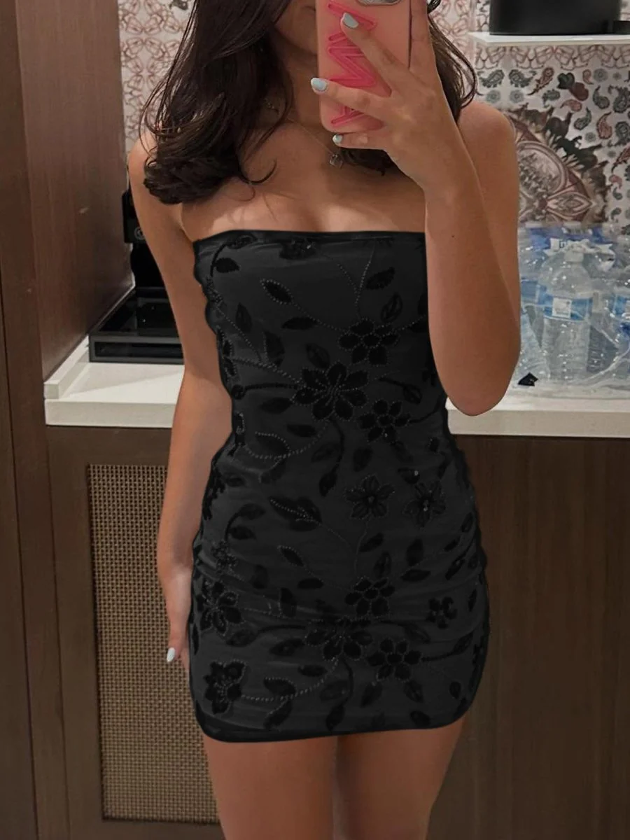 Black - Strapless Bodycon Beaded Floral Short Homecoming Dress