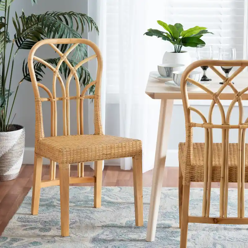 Monaco Modern Bohemian Oak Brown Finished Mahogany Wood and Natural Rattan Dining Chair