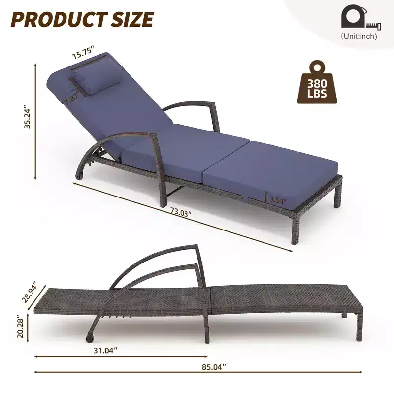 Rattan Outdoor Chaise Lounge Chairs, 5-Position Adjustable Reclining Patio Loungers, with Armrests, Cushions, Pillows & Rolling Wheels