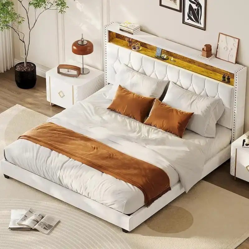 Velvet Upholstered Platform Bed Frame with Storage Headboard and Nailhead Trim Wingback