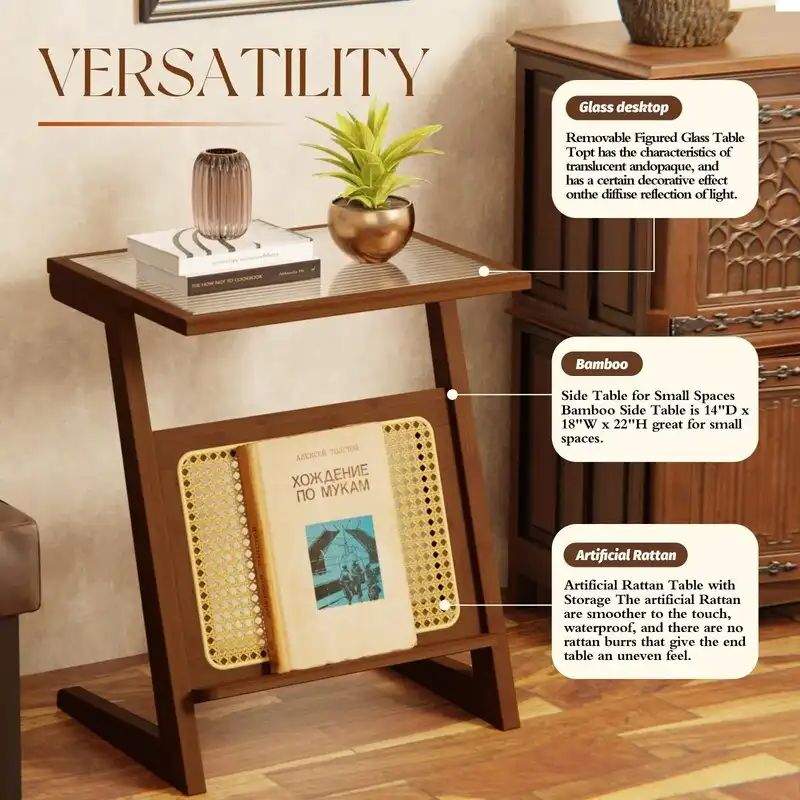 Brown / Natural Z-Shape Bamboo Rattan Side Table – Single