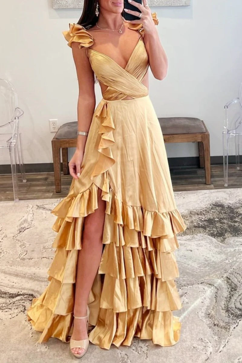 Red Cutout Ruffle A-Line Long Prom Dress with Slit