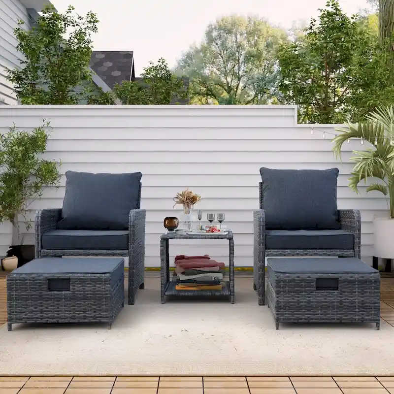 5 Piece Wicker Patio Furniture Set w/Ottomans2 Person Seating Patio ConversationAll-Weather PE Wicker