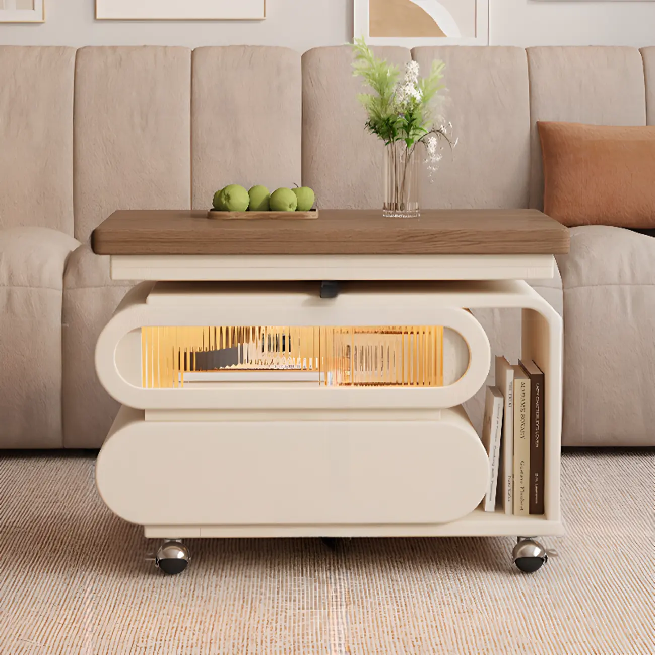 Adjustable Tabletop Modern Wood Side Table with Wheels