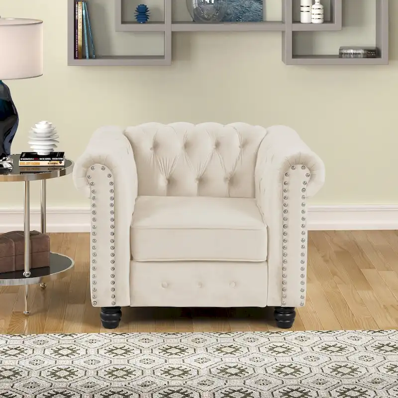 Beige/Blue/Grey Velvet Button-Tufted Chesterfield Armchair, Single Seat