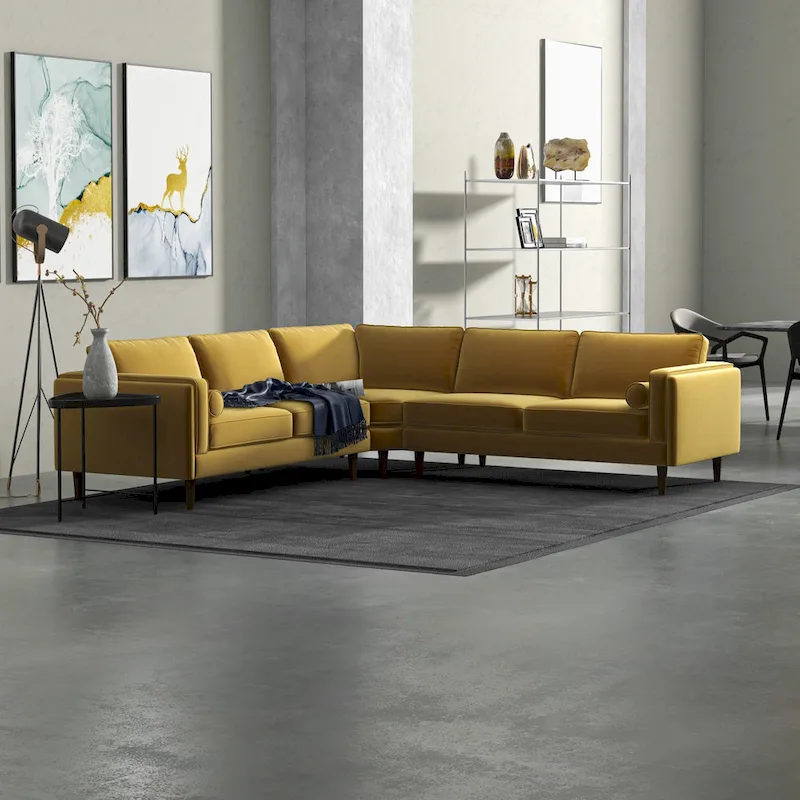 L-Shaped Corner Sectional Sofa with Chaise in Gold Velvet