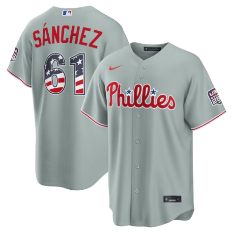 Philadelphia Phillies Cristopher Sanchez Gray USA 250 Fourth of July Road Stadium Jersey