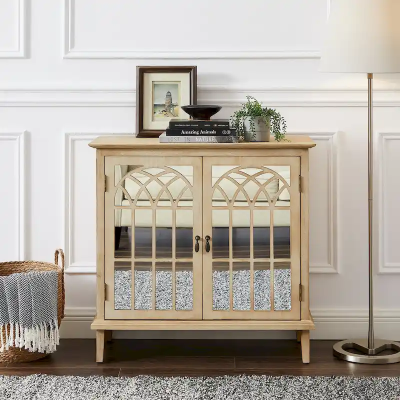 Mid-Century Modern Wood Accent Cabinet with Mirrored Doors & Brass Handles – Sideboard Buffet