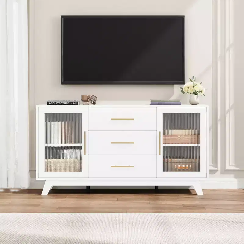 2 Fluted Glass Doors, 3 Large Drawers, Sideboard Buffet Cabinet, for Living Room, Dining RoomWood