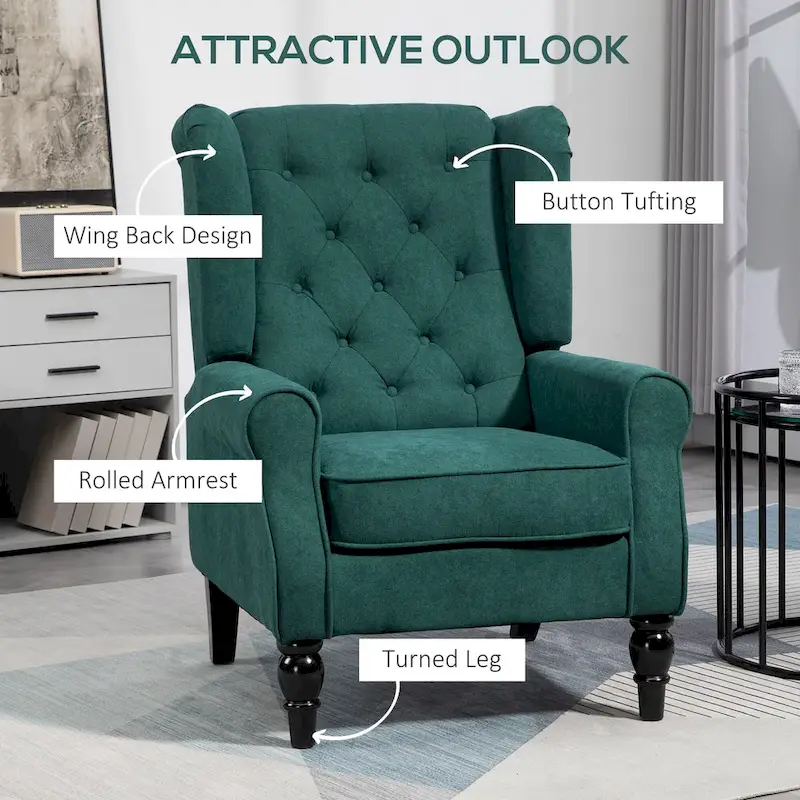 Dark Green High Wingback Button-Tufted Fabric Accent Chair – Single