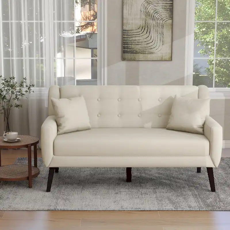 Tufted Linen/Cotton 2-Seater Sofa with Pillows