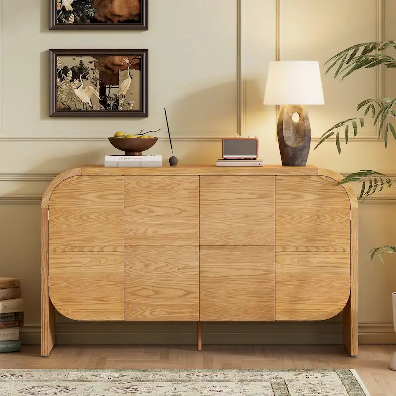 Wooden Sideboard Buffet Cabinet with Curvy Edge & Adjustable Shelves