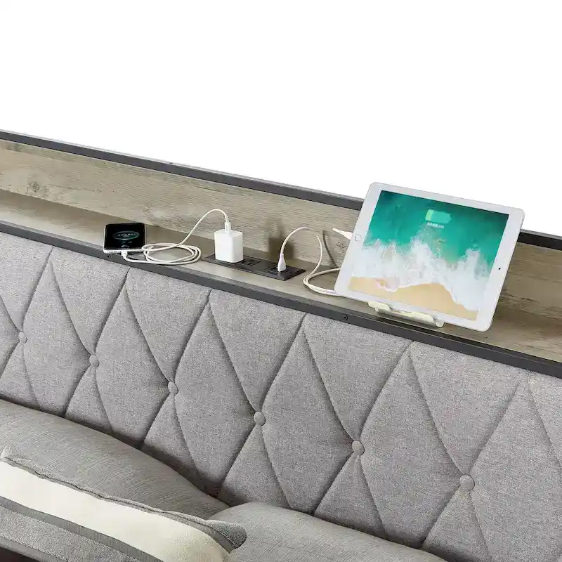 Grey & Queen Bed with Charging Station