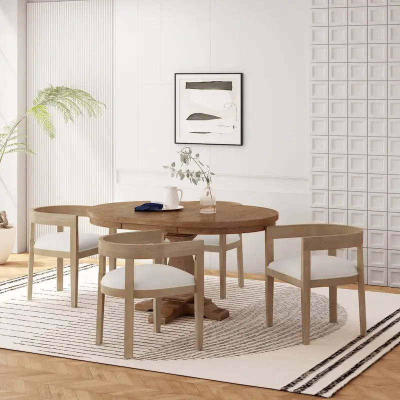Light Ash & Fabric 5-Piece Dining Set for 4, Expandable Round Table