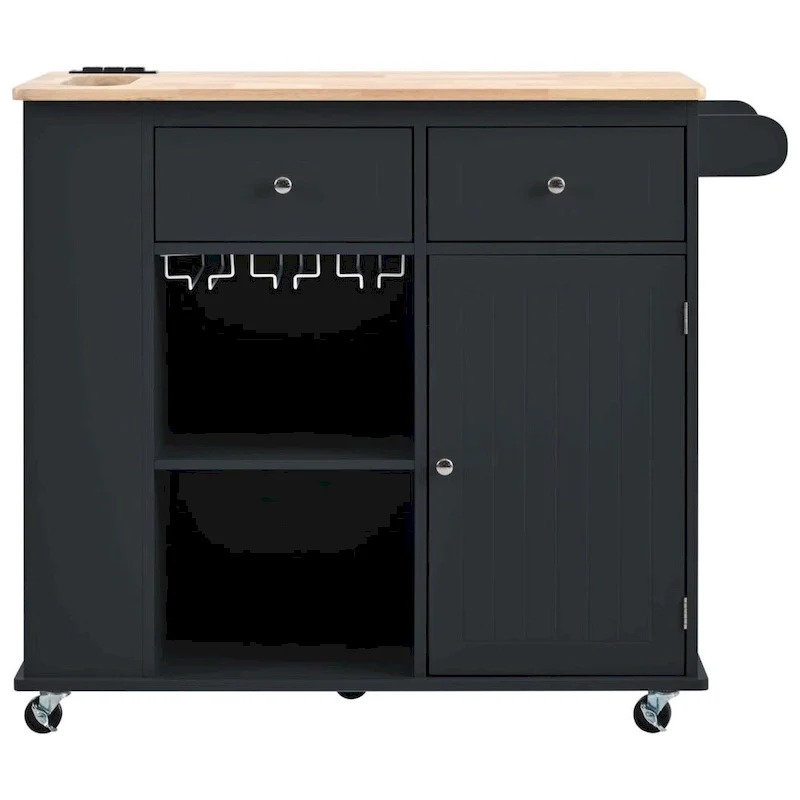 Kitchen Island with Power Outlet Kitchen Storage Island with Drop Leaf and Rubber Wood Open Storage and Wine Rack 5 Wheels
