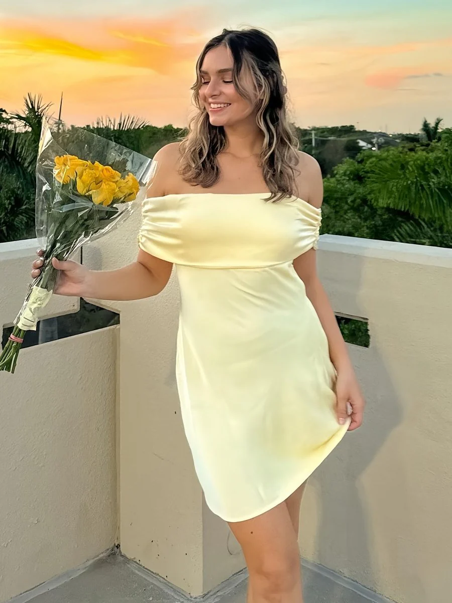 Yellow - Off The Shoulder Satin Sheath Homecoming Dress