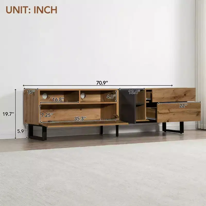 JVNOXK 70.90-inch Modern Entertainment Center TV Stand accommodates 80-inch TVs, featuring dual-level storage compartments, Wood